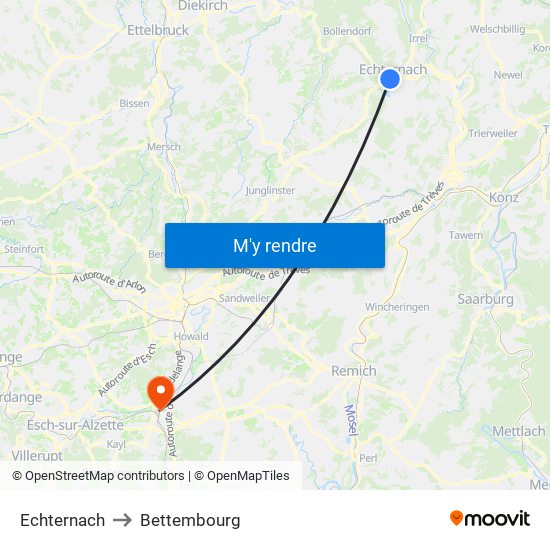 Echternach to Bettembourg map