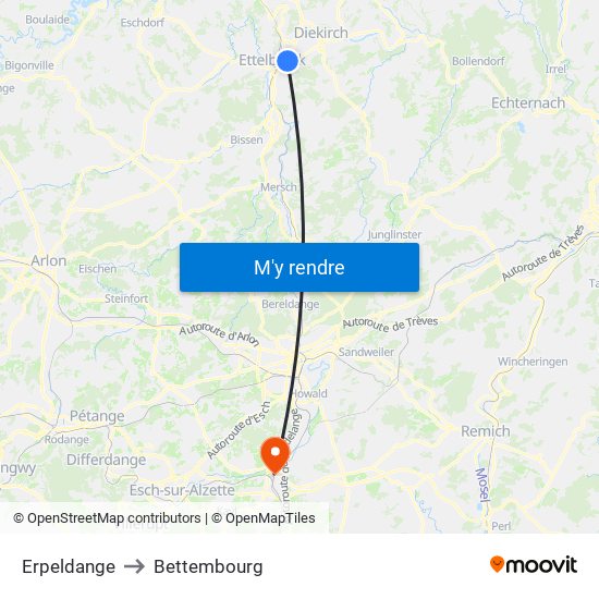Erpeldange to Bettembourg map