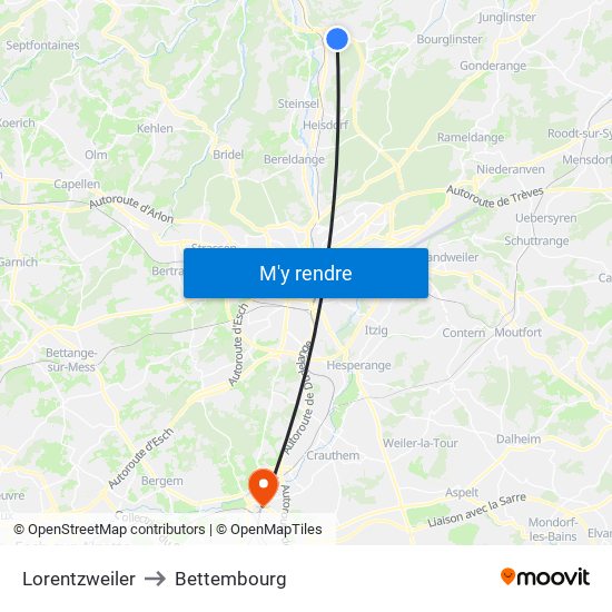 Lorentzweiler to Bettembourg map