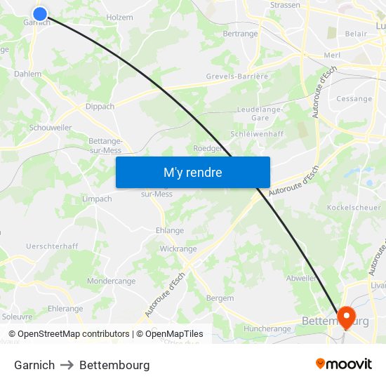 Garnich to Bettembourg map