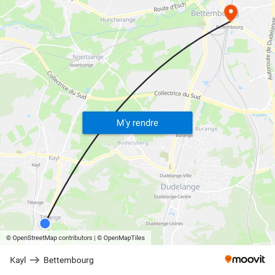 Kayl to Bettembourg map