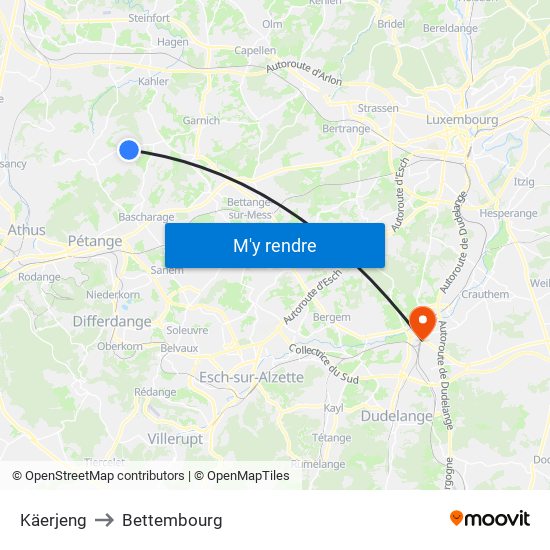 Käerjeng to Bettembourg map