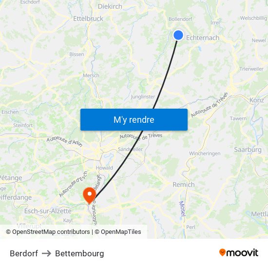 Berdorf to Bettembourg map