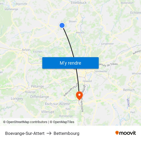 Boevange-Sur-Attert to Bettembourg map