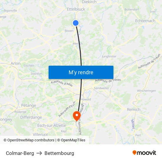 Colmar-Berg to Bettembourg map