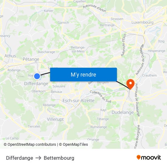 Differdange to Bettembourg map