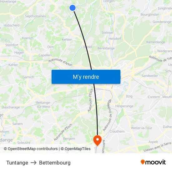 Tuntange to Bettembourg map