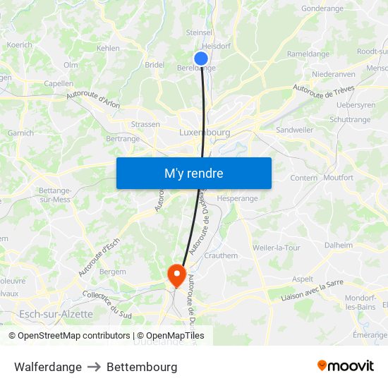 Walferdange to Bettembourg map