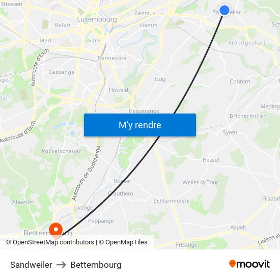 Sandweiler to Bettembourg map