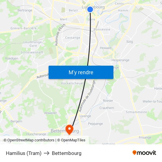 Hamilius (Tram) to Bettembourg map