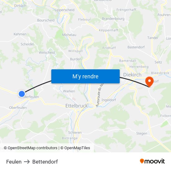 Feulen to Bettendorf map