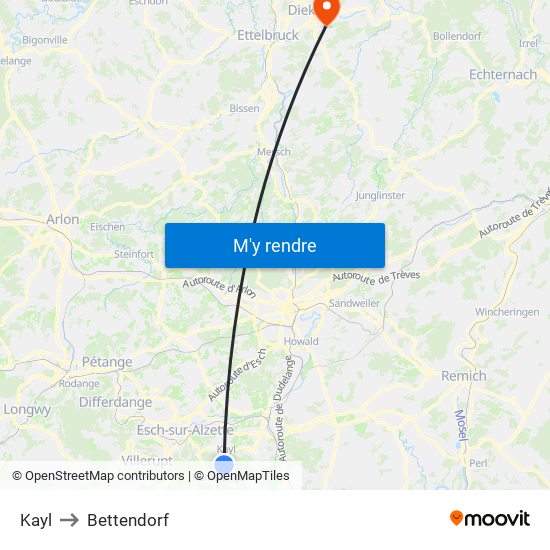 Kayl to Bettendorf map