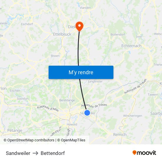 Sandweiler to Bettendorf map