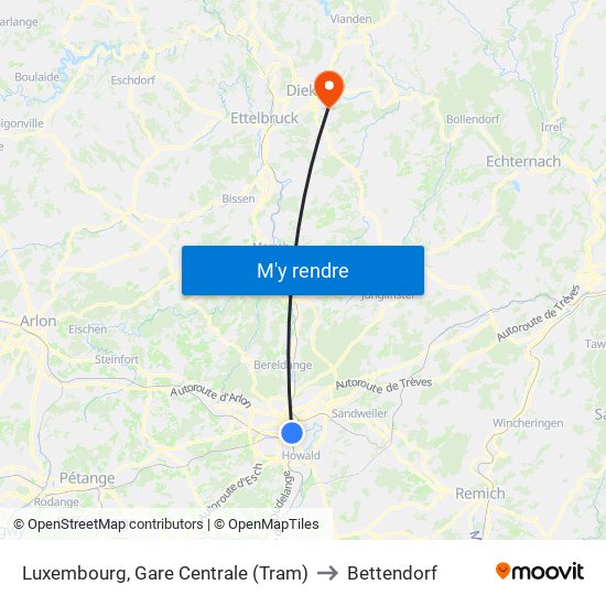 Luxembourg, Gare Centrale (Tram) to Bettendorf map