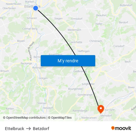 Ettelbruck to Betzdorf map