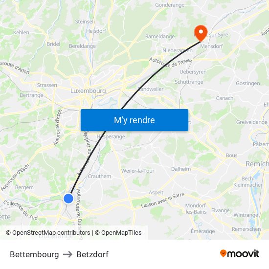 Bettembourg to Betzdorf map