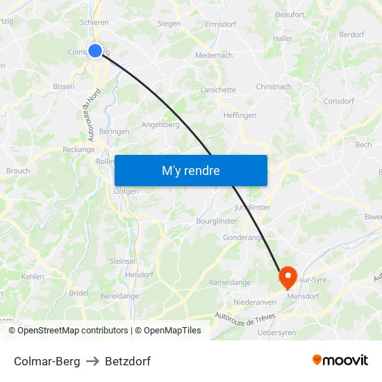 Colmar-Berg to Betzdorf map