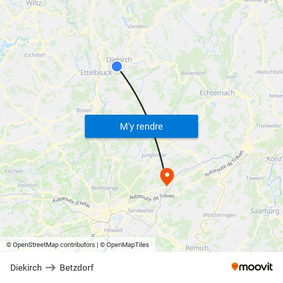 Diekirch to Betzdorf map