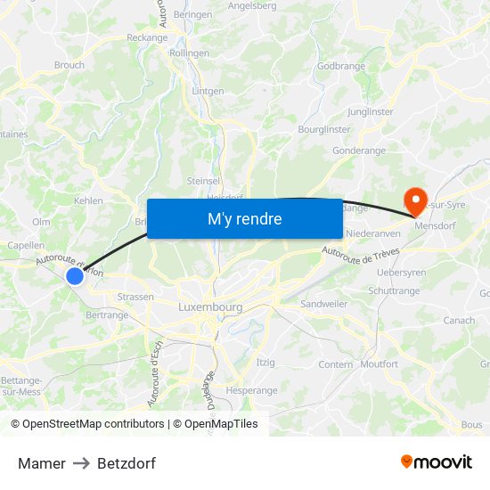 Mamer to Betzdorf map