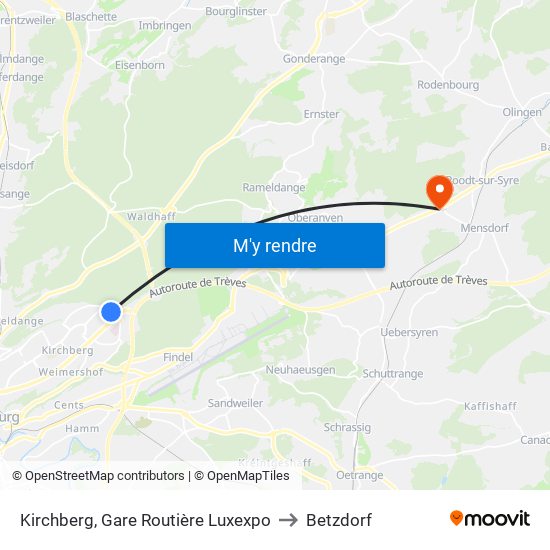 Kirchberg, Gare Routière Luxexpo to Betzdorf map