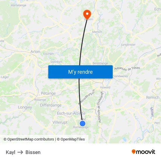 Kayl to Bissen map
