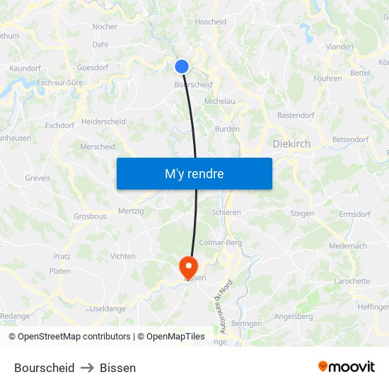 Bourscheid to Bissen map
