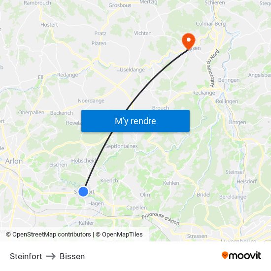 Steinfort to Bissen map