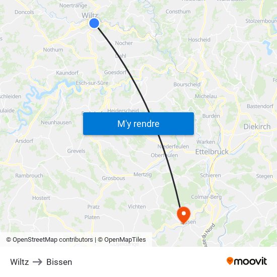 Wiltz to Bissen map