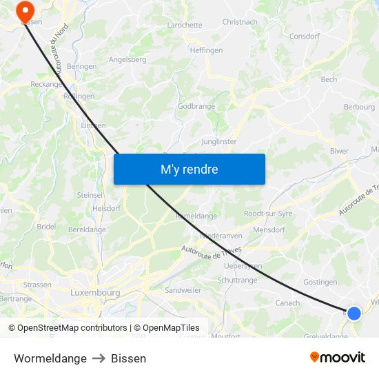 Wormeldange to Bissen map