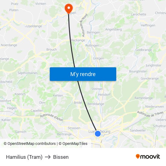 Hamilius (Tram) to Bissen map