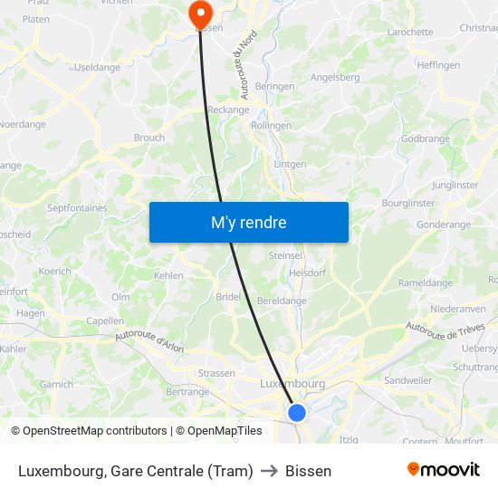 Luxembourg, Gare Centrale (Tram) to Bissen map