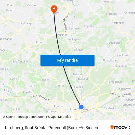 Kirchberg, Rout Bréck - Pafendall (Bus) to Bissen map