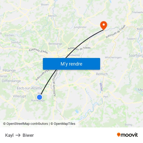Kayl to Biwer map