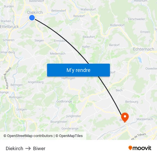Diekirch to Biwer map