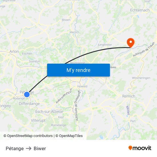 Pétange to Biwer map