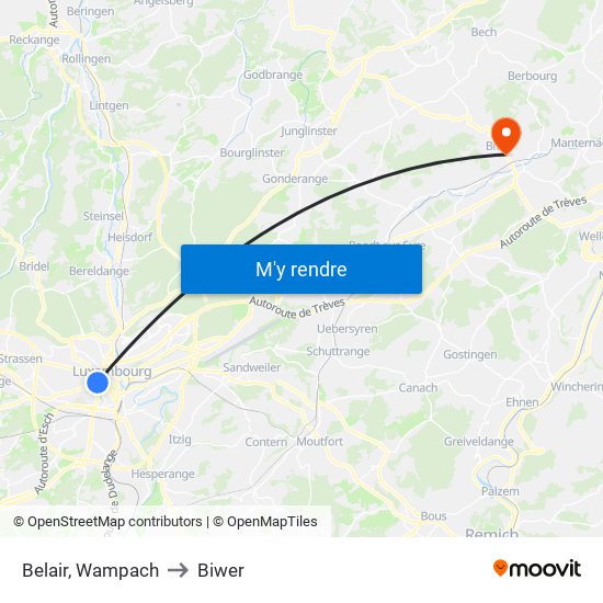 Belair, Wampach to Biwer map