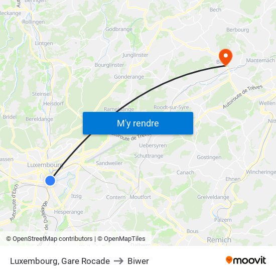 Luxembourg, Gare Rocade to Biwer map