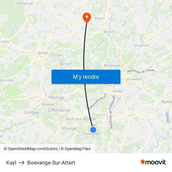 Kayl to Boevange-Sur-Attert map