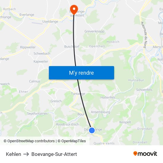 Kehlen to Boevange-Sur-Attert map