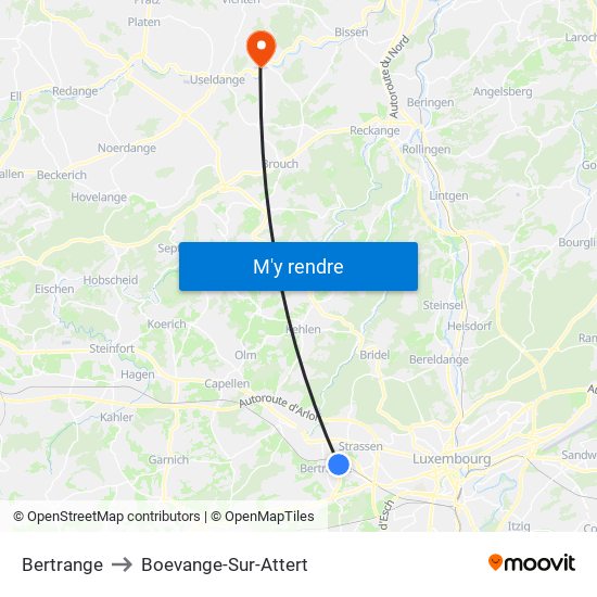 Bertrange to Boevange-Sur-Attert map