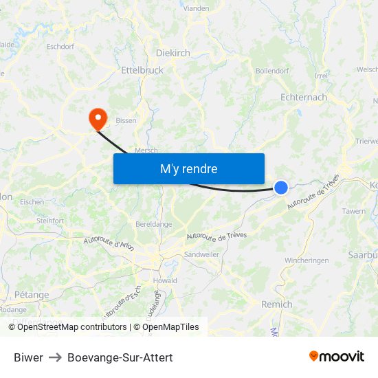 Biwer to Boevange-Sur-Attert map