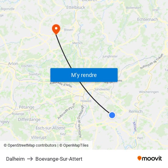 Dalheim to Boevange-Sur-Attert map