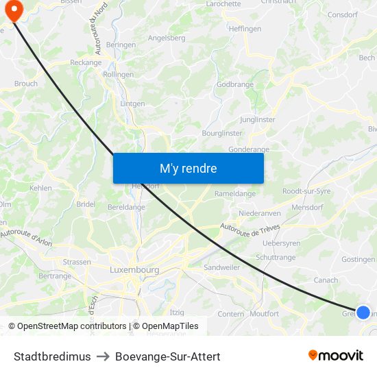 Stadtbredimus to Boevange-Sur-Attert map