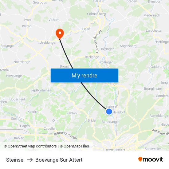 Steinsel to Boevange-Sur-Attert map