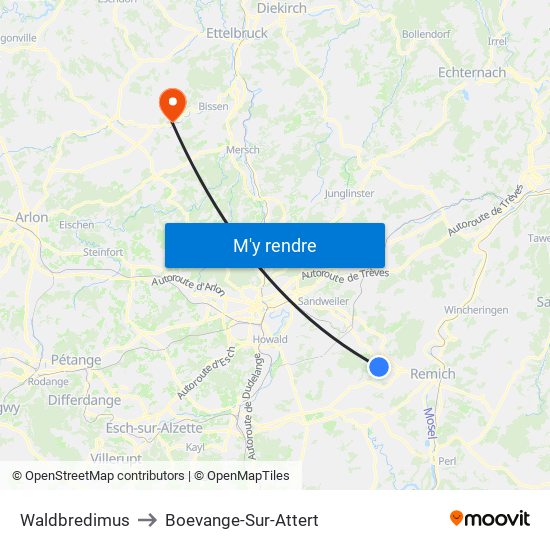 Waldbredimus to Boevange-Sur-Attert map