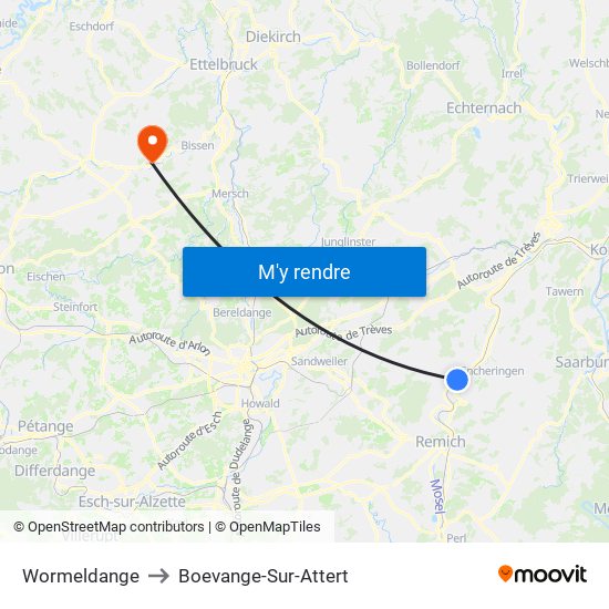 Wormeldange to Boevange-Sur-Attert map