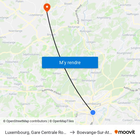 Luxembourg, Gare Centrale Routière to Boevange-Sur-Attert map