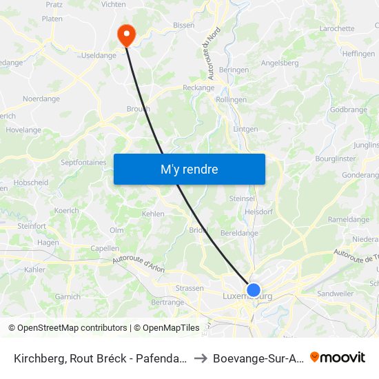 Kirchberg, Rout Bréck - Pafendall (Bus) to Boevange-Sur-Attert map