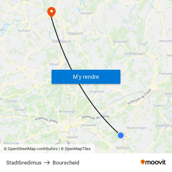 Stadtbredimus to Bourscheid map