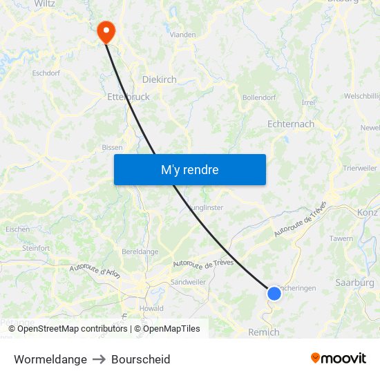 Wormeldange to Bourscheid map